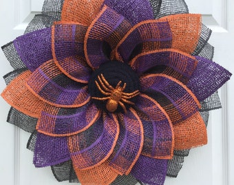 Halloween Wreath, Flower Halloween Wreath, Fall Wreath, Spider Wreath