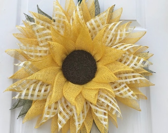 Sunflower Wreath, Yellow and Cream Pointed Daisy Petal, Front Door Wreath, Summer or Fall Wreath