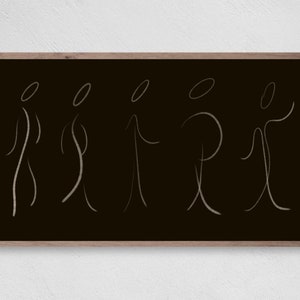 May include: Five simple line drawings of stick figures with halos on a black background. The figures are all facing forward and have different poses.