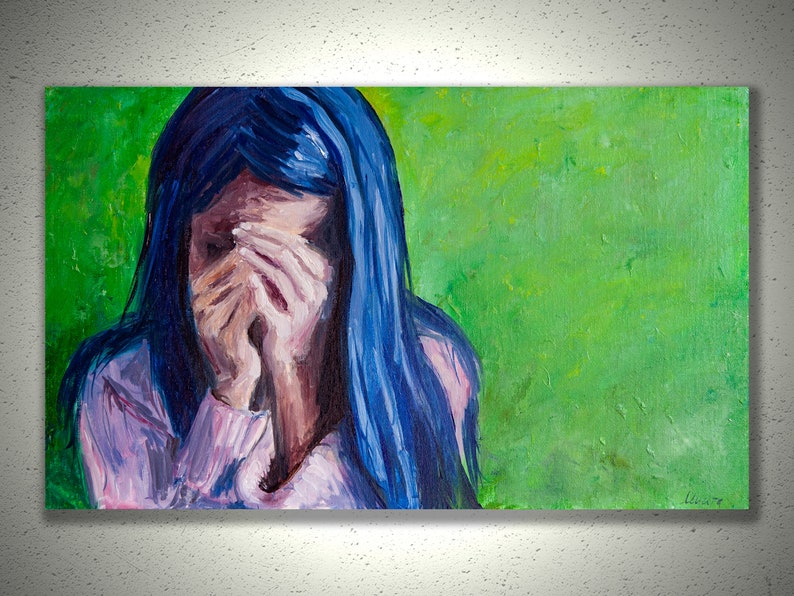 Painting Sad Girl Painting Crying Girl Art Impasto Painting Weeping Woman Female Portrait Blue Hair Artwork Original Canvas Art Oil