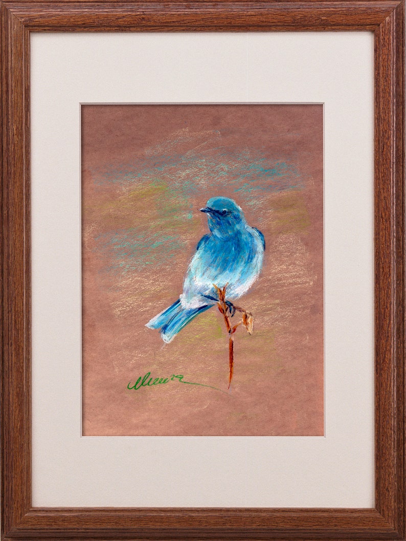 Blue Bird Drawing Pastel Bird Birdie Painting Birds Artwork Bird Watcher Gift Original Art A4