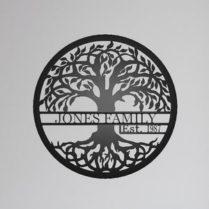 Tree of Life Metal Sign with Established Date Personalized with Jones Family and 1987 shown hung in a living room above a couch