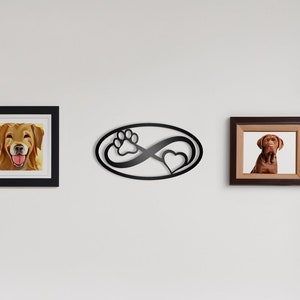 Dog Paw and Heart Metal Infinity Sign with Easy Rear Wall Mounts - Dog Love Wall Hanging - Metal Wall Decor for Dog Owner - Dog Lover Gift