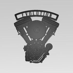 May include: Black metal wall art depicting a motorcycle engine with the word "EVOLUTION" above it.