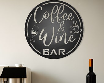 May include: A black and silver metal sign with the text "Coffee & Wine BAR" in a decorative font. The sign features a wine glass and a coffee cup with steam.
