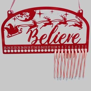 Christmas Countdown Believe Candy Cane Hanger Metal Wall Sign - Holiday Decoration - Seasonal Decor - Advent Calendar