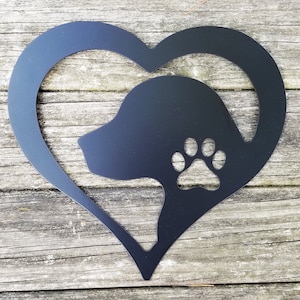 Dog Love Heart Metal Sign - Dog Paw and Silhouette Steel Wall Hanging - Dog Lover Metal Wall Art - Gift for Dog Owners - Indoor or Outdoor
