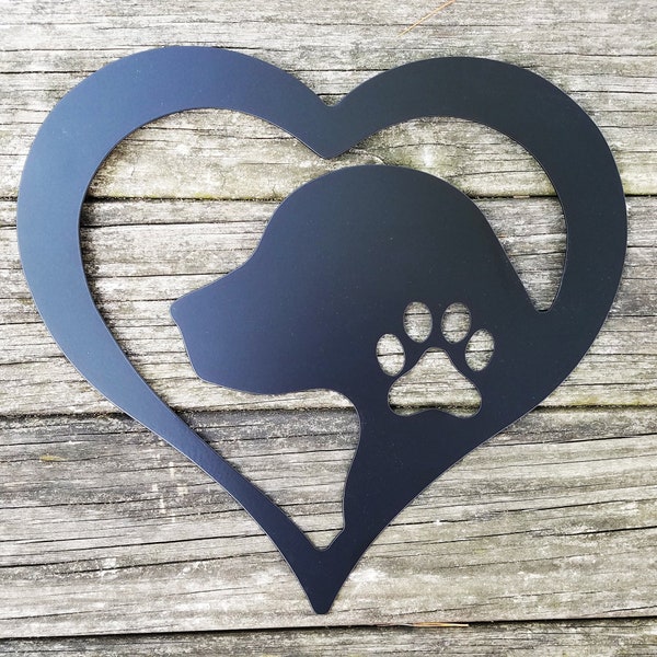 Dog Love Heart Metal Sign - Dog Paw and Silhouette Steel Wall Hanging - Dog Lover Metal Wall Art - Gift for Dog Owners - Indoor or Outdoor