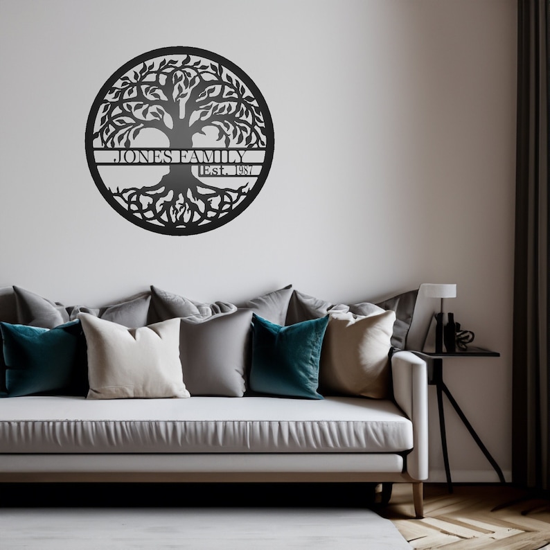 Tree of Life Metal Sign with Established Date Personalized with Jones Family and 1987 shown hung in a living room above a couch