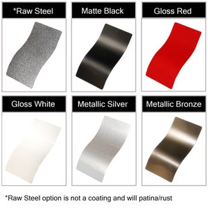 K&ouml;nnte beinhalten: Sechs Farbmuster, die verschiedene Oberfl&auml;chen f&uuml;r Metallprodukte zeigen. Die Muster sind mit "Rohstahl", "Matt Schwarz", "Gl&auml;nzend Rot", "Gl&auml;nzend Wei&szlig;", "Metallic Silber" und "Metallic Bronze" beschriftet.