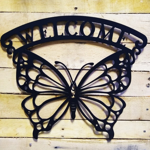 Welcome Butterfly Metal Sign with Rear Mount Brackets - Indoor or Outdoor Steel Wall Hanging - Welcome Sign - Front Door Sign - Housewarming