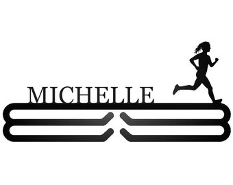 Personalisierter Medaillenhalter mit Läuferinnen-Silhouette – Individuell gestaltete Wandhalterung für Marathon-, 5-km- und Halbmarathon-Medaillen – Geschenk für Läuferinnen