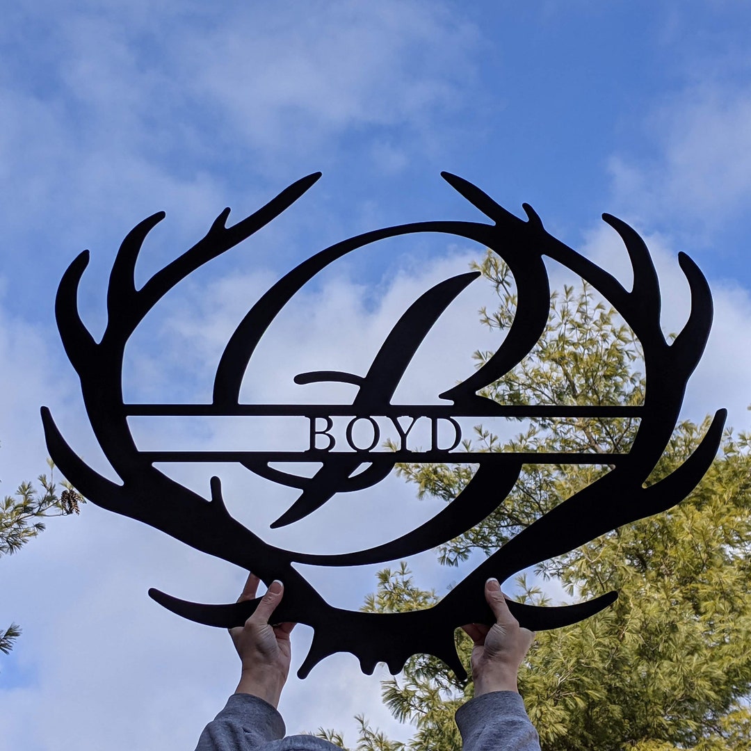 Antler Rustic Family Name Monogram Metal Sign - Deer Antler Steel Wall ...