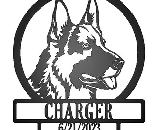German Shepherd Dog Silhouette with Personalized Name and Date Metal Sign - Gift for Dog Lover - Pet Owner Steel Wall Sign with Rear Mounts