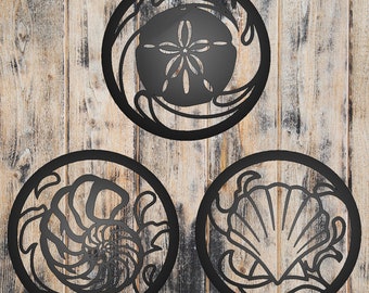 Seashell Design Metal Wall Art - 3 Piece Round Metal Sign Collection - Beach House Decor - Shore House - Vacation Home - Closing Gift