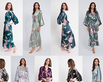 Kimono Robes LONG Satin in Chrysanthemum & Crane | KIM+ONO Collection - Gifts for Brides, Bridesmaid robes, Birthdays + Anniversary Gift