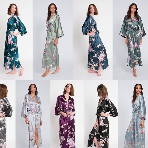 Kimono Robes LONG Satin in Chrysanthemum & Crane | KIM+ONO Collection - Gifts for Brides, Bridesmaid robes, Birthdays + Anniversary Gift