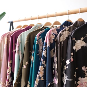 Kimono Robe SHORT Satin in Chrysanthemum & Crane KIMONO Collection Gifts for Brides, Bridesmaid robes, Birthdays Anniversary Gift image 1