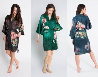 Kimono Robe - Coral Chrysanthemum (Short Robe) | KIM+ONO Charmeuse Collection - Bridesmaid Robes, Robes for Women, Floral Robe