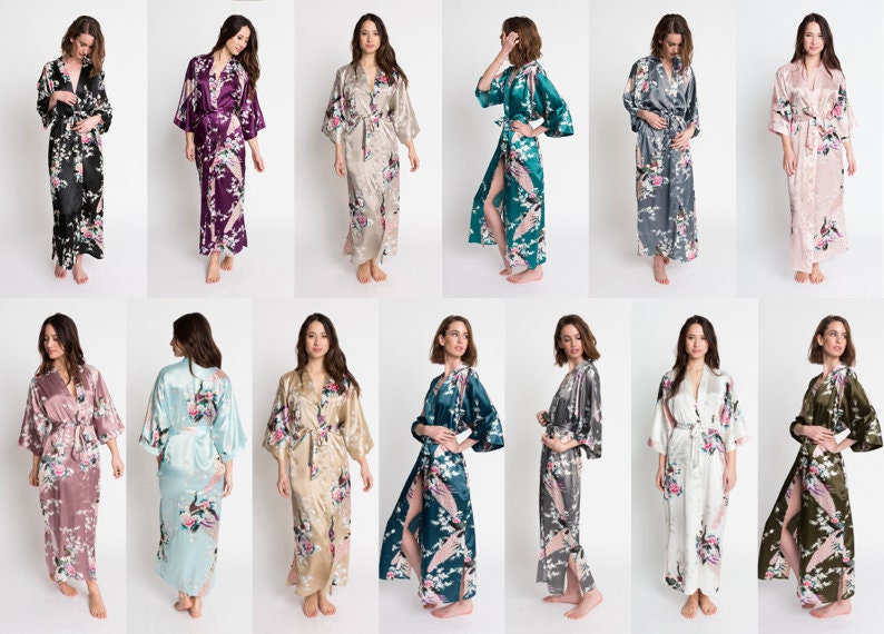 Kimono Robe Satin LONG - Peacock & Blossom | KIM+ONO Collection - Gifts for Brides, Bridesmaids Gifts, Anniversary, Birthday Presents