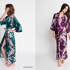 Kimono Robe Satin LONG - Peacock & Blossom | KIM+ONO Collection - Gifts for Brides, Bridesmaids Gifts, Anniversary, Birthday Presents