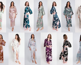Kimono Robes LONG Satin in Chrysanthemum & Crane | KIM+ONO Collection - Gifts for Brides, Bridesmaid robes, Birthdays + Anniversary Gift