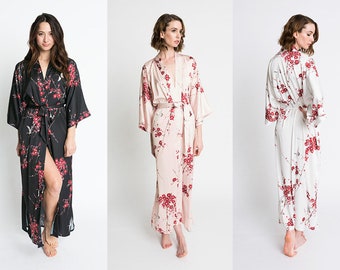 Kimono Robe - Cherry Blossom & Crane (Long) | KIM+ONO Charmeuse Collection - Robes for Bridesmaids, Womens Robe Long, Long Kimono