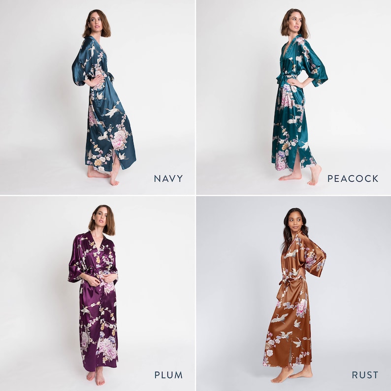 Kimono Robes LONG Satin in Chrysanthemum & Crane KIMONO Collection Gifts for Brides, Bridesmaid robes, Birthdays Anniversary Gift image 9