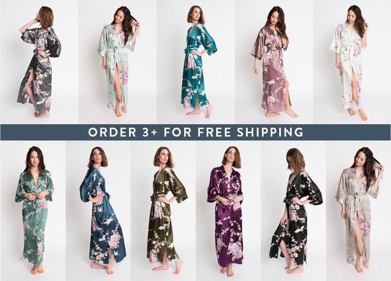 Anniversary Gift Bridesmaid robes KIM+ONO Collection Satin Long Kimono Robes in Chrysanthemum /& Crane Birthdays Gifts for Brides