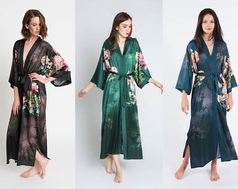 Kimono Robe - Coral Chrysanthemum (Long Robe) | KIM+ONO Charmeuse Collection - Robes for Bridesmaids, Womens Robe Long, Long Kimono