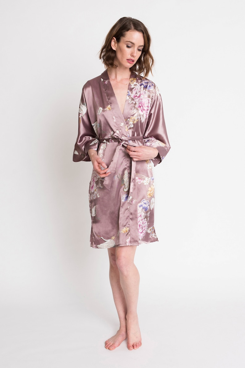 Kimono Robe SHORT Satin in Chrysanthemum & Crane KIMONO Collection Gifts for Brides, Bridesmaid robes, Birthdays Anniversary Gift image 6