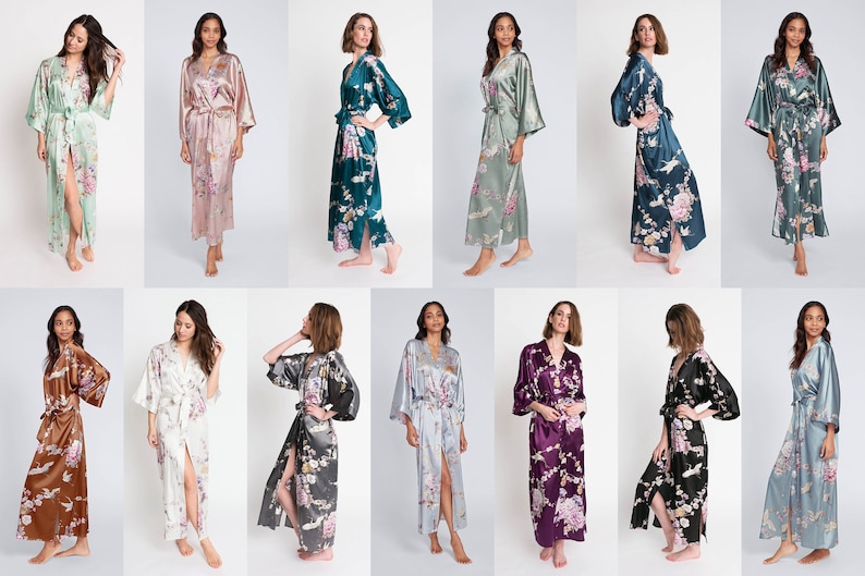 Kimono Robes LONG Satin in Chrysanthemum & Crane KIMONO Collection Gifts for Brides, Bridesmaid robes, Birthdays Anniversary Gift image 1