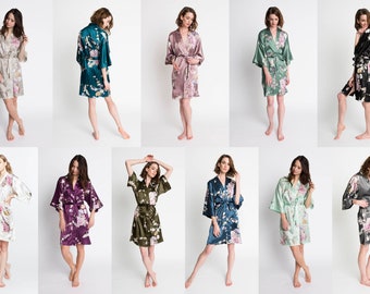 Kimono Robe SHORT Satin in Chrysanthemum & Crane | KIM+ONO Collection - Gifts for Brides, Bridesmaid robes, Birthdays + Anniversary Gift