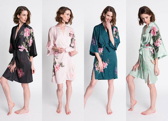 Robe De Chambre Femme Satin Peony Floral Silk Kimono Robe - Wedding ...