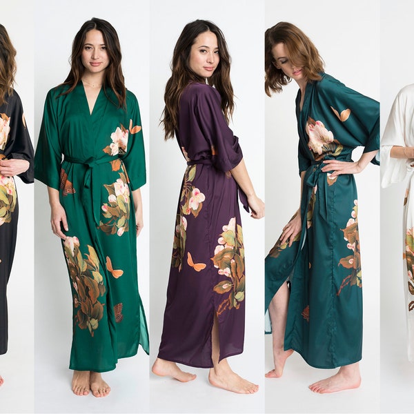 Kimono Robe - Peony & Butterfly (Long Robe) | KIM+ONO Charmeuse Collection - Robes for Bridesmaids, Womens Robe Long, Long Kimono