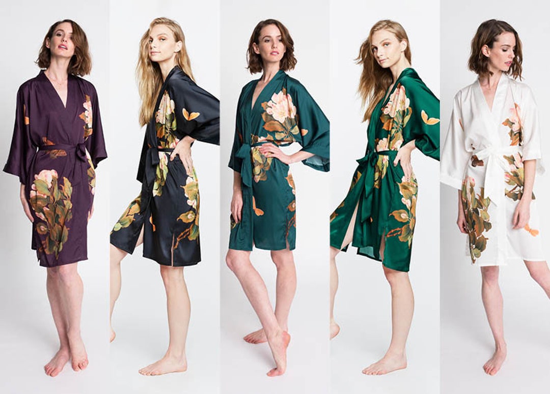 Kimono Robe - Peony & Butterfly (short Robe) | KIM+ONO Charmeuse Collection - Bridesmaid Robes ...