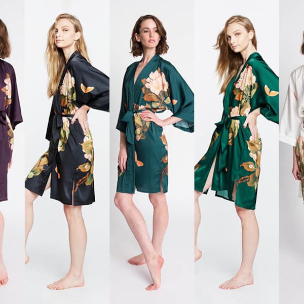 Kimono Robe - Peony & Butterfly (Short Robe) | KIM+ONO Charmeuse Collection - Bridesmaid Robes, Robes for Women, Floral Robe