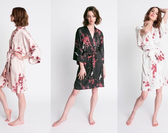 Kimono Robe - Cherry Blossom & Crane (Short Robe) | KIM+ONO Charmeuse Collection - Bridesmaid Robes, Robes for Women, Floral Robe