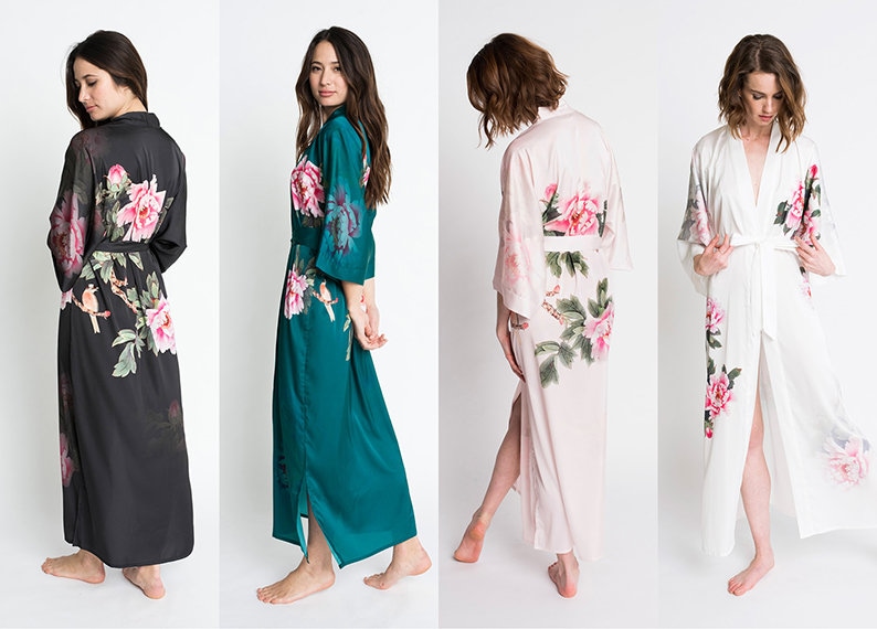 Kimono Robe Peony & Bird long Robe KIMONO Charmeuse - Etsy