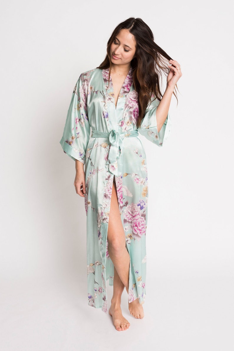 Kimono Robes LONG Satin in Chrysanthemum & Crane KIMONO Collection Gifts for Brides, Bridesmaid robes, Birthdays Anniversary Gift image 5