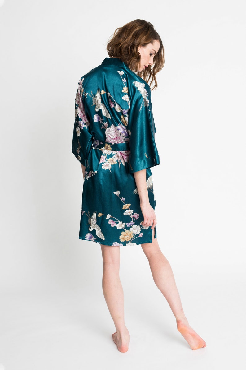 Kimono Robe SHORT Satin in Chrysanthemum & Crane KIMONO Collection Gifts for Brides, Bridesmaid robes, Birthdays Anniversary Gift image 9