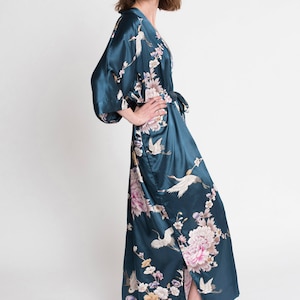 Kimono Robes LONG Satin in Chrysanthemum & Crane KIMONO Collection Gifts for Brides, Bridesmaid robes, Birthdays Anniversary Gift image 4