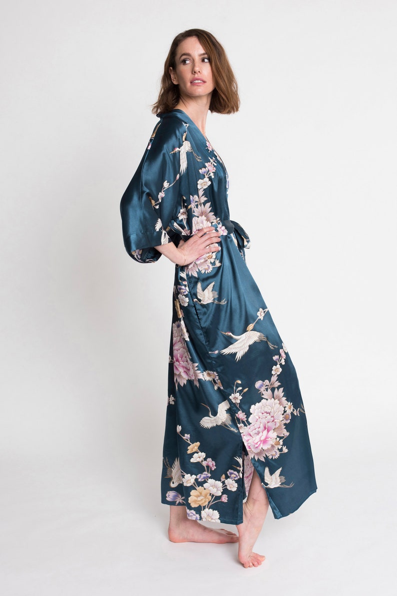 Kimono Robes LONG Satin in Chrysanthemum & Crane KIMONO Collection Gifts for Brides, Bridesmaid robes, Birthdays Anniversary Gift image 4