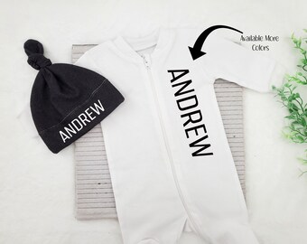 Personalized Baby Boy Coming Home Outfit, Newborn Photo Outfit for Boy, Baby Boy Sleeper with hat, Newborn Gifts, Custom Name Sleeper