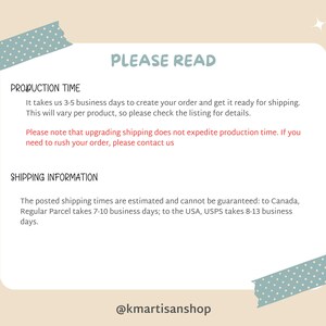 May include: A text-based image with a light blue and white polka dot background. The text reads "PLEASE READ" in a large font. The text below reads "PRODUCTION TIME" and "SHIPPING INFORMATION" with details about production and shipping times. The text at the bottom reads "@kmartisanshop".