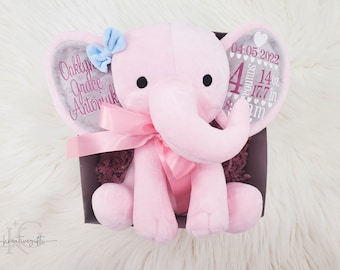 Personalized Birth Announcement Elephant, Keepsake Elephant, Birth Stat Elephant, New Baby Gift, Personalized Elephant, Pink Elephant