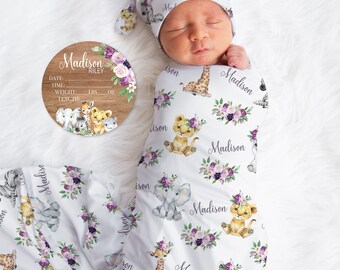 Personalized Safari Baby Girl Swaddle, Safari Baby Blanket, Custom Baby Blanket, Baby Name Blanket, Baby Shower Gift, New Baby Gift, Animals