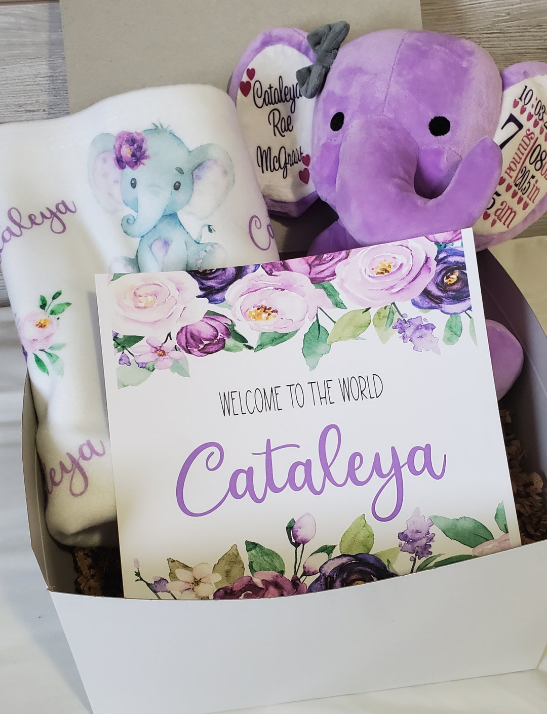 Welcome Baby Gift Set Box, Personalized Elephant Baby Girl Blanket ...