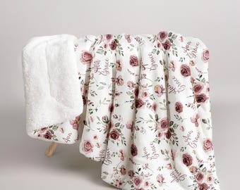 Dusty Rose Personalized Baby Girl Blanket | Floral Baby Swaddle | Custom Name Baby Blanket | Baby Girl Sherpa Blanket | Newborn Girl Blanket