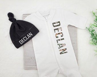 Personalized Newborn Boy Coming Home Outfit, Baby Boy Custom Name Sleeper, Baby Boy Zipper Romper, New Baby Gift, Welcome Baby Gift Set